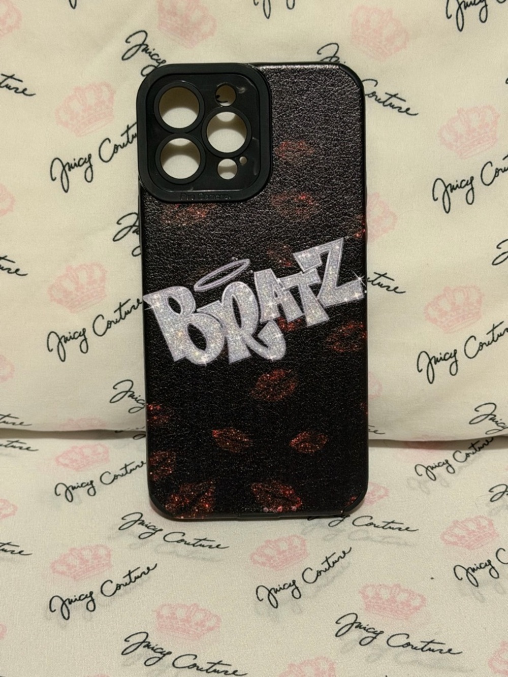 Black “BRATZ” iPhone 13 Pro Max case with edgy glam vibe 🖤💋